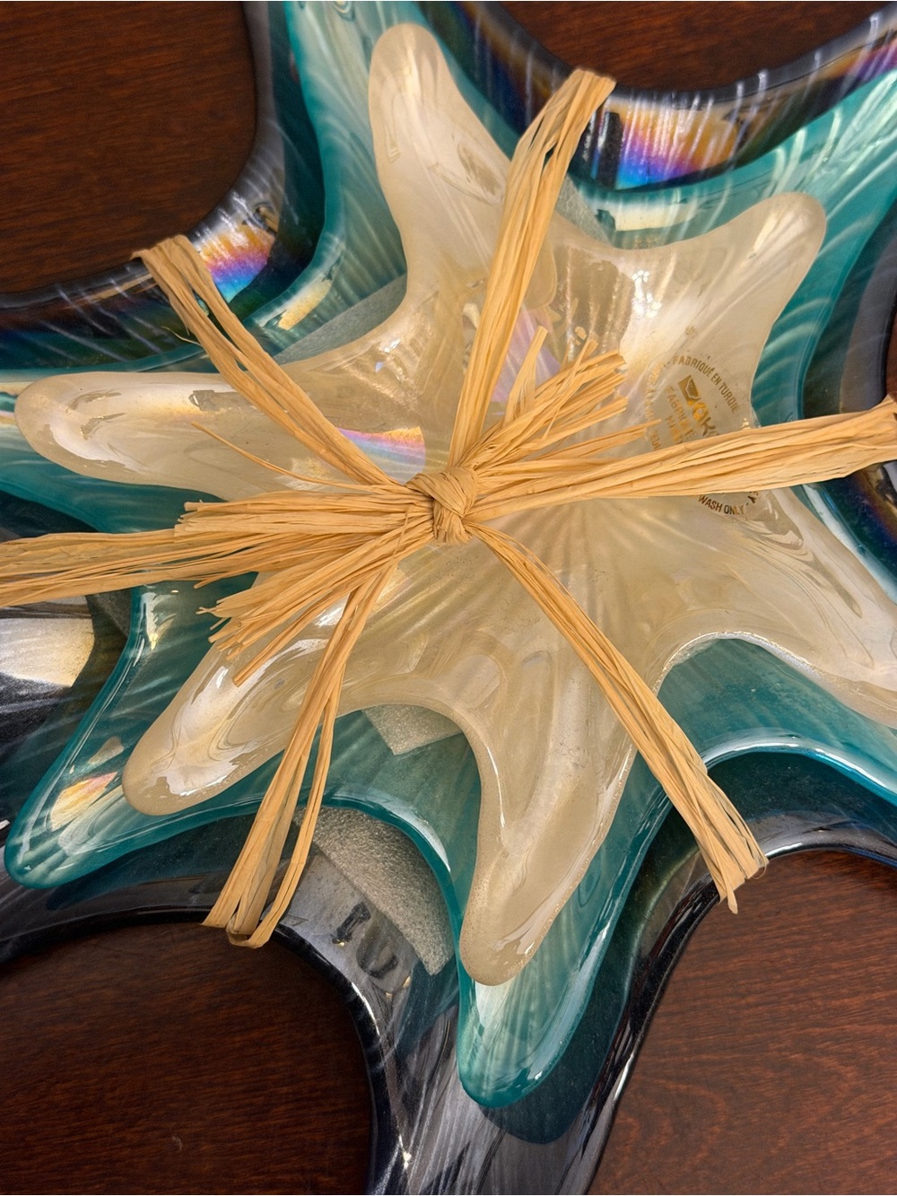 Akcam Turkish Iridescent Handmade Glass Starfish Trinket Candy Dishes Set Of 3